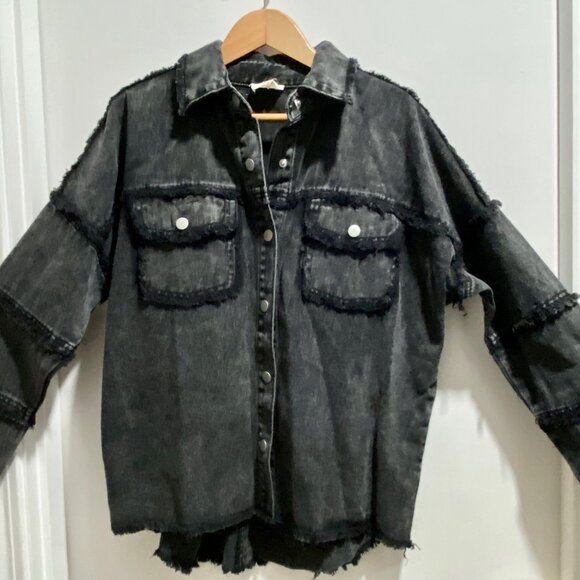 Grunge Goth Punk ROCK & ROLL Preppy Y2K Cotton Oversized Raw Seam Shirt Jacket S - Picture 2 of 11